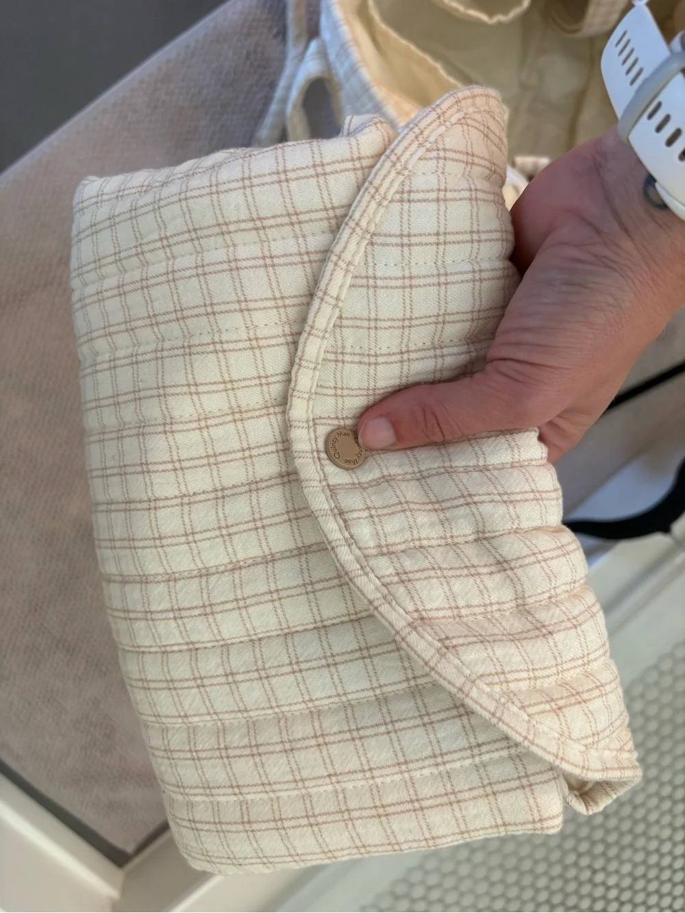 Quilted Cream Plaid Tote Bag - Neutral Checkered Shoulder Bag Quincy Mae